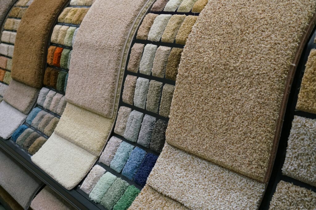 A display of carpet samples in various colors and textures, arranged on a curved stand. The samples include shades of beige, brown, blue, green, and gray, showcasing different pile heights and patterns.